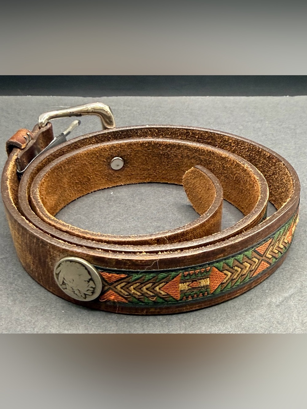 Brighton-Men's Buffalo Nickle w/Patterned Brown Leather Belt- Size:36